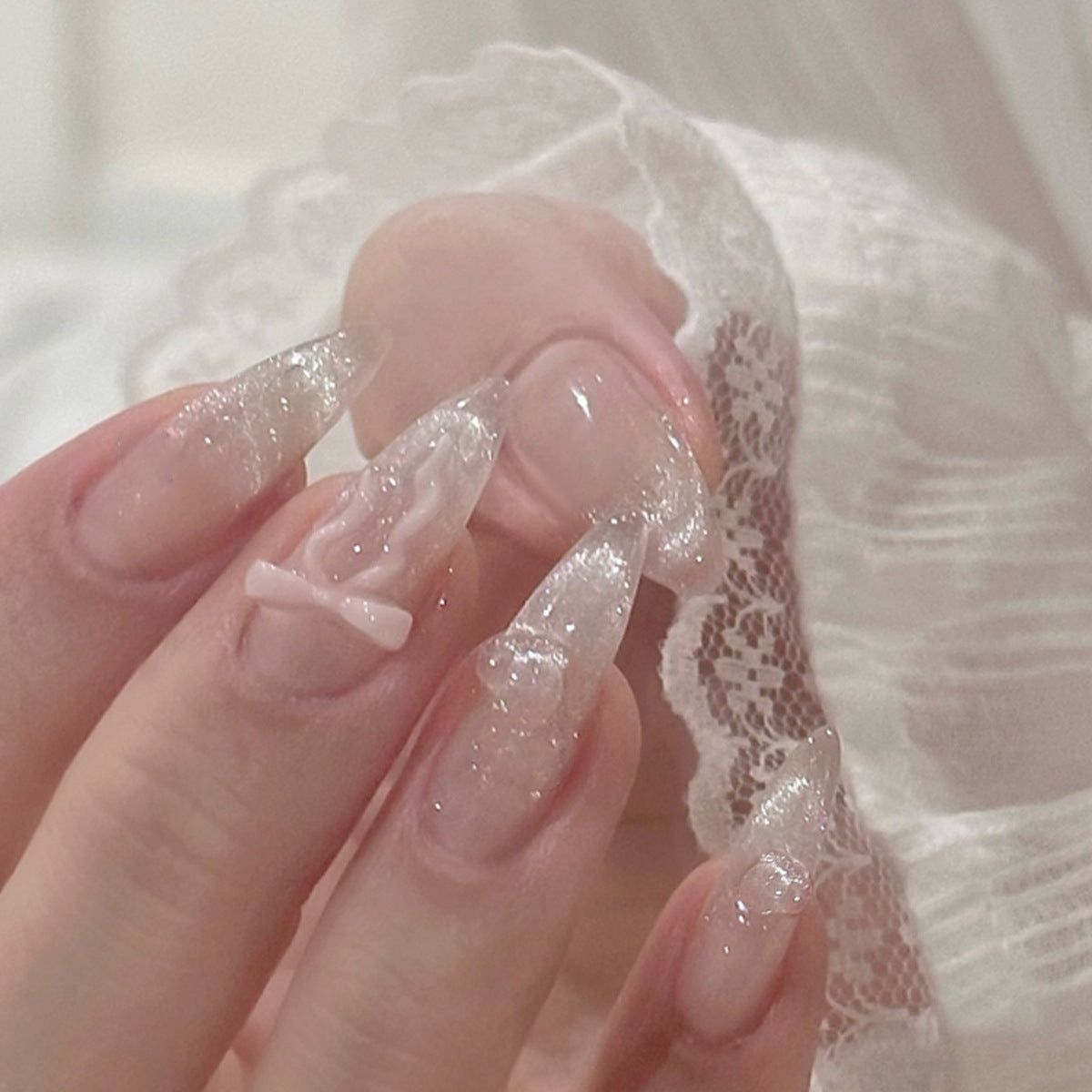 Chic Elegance Long Almond Pink with Sparkling Glitter and Whimsical Design Press On Nail Set