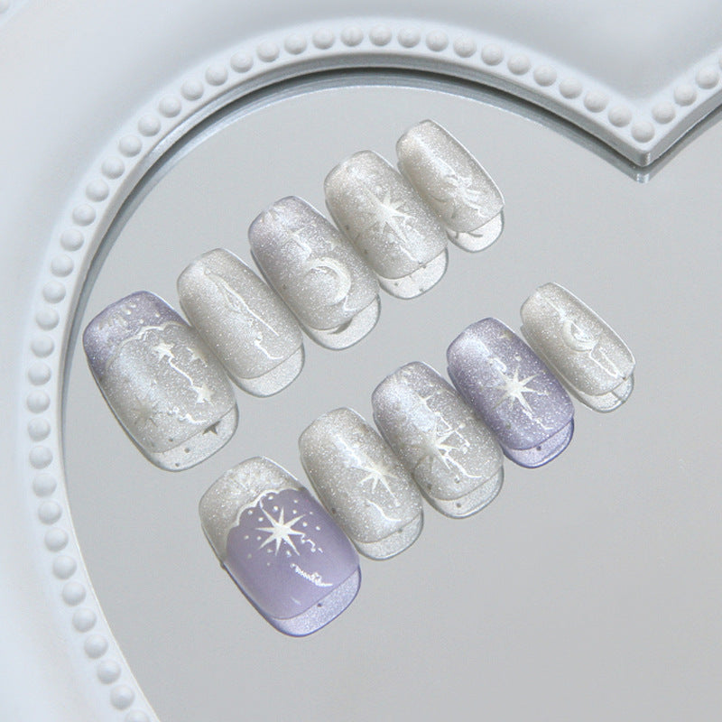 Celestial Radiance Medium Coffin Lavender and Silver Glitter Press On Nail Set