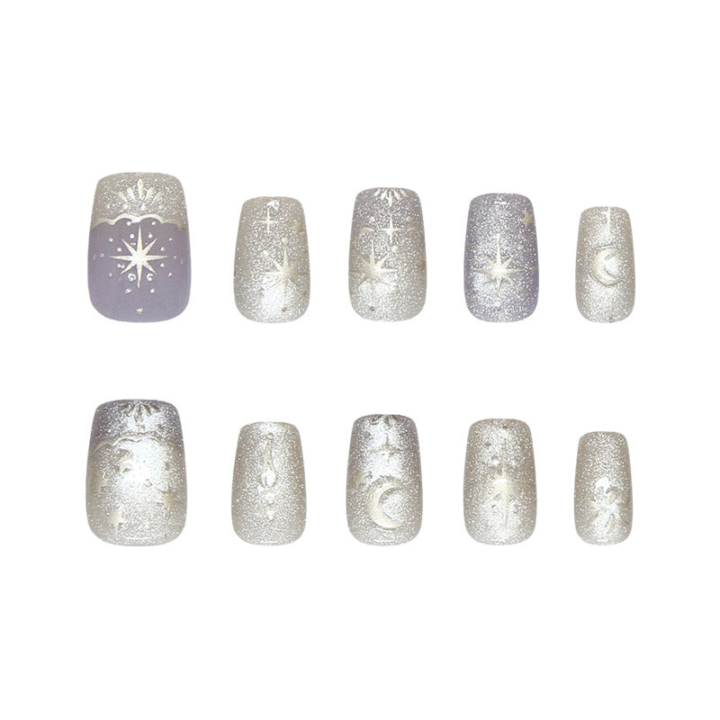 Celestial Sparkle Medium Square Silver Glitter Press On Nail Set