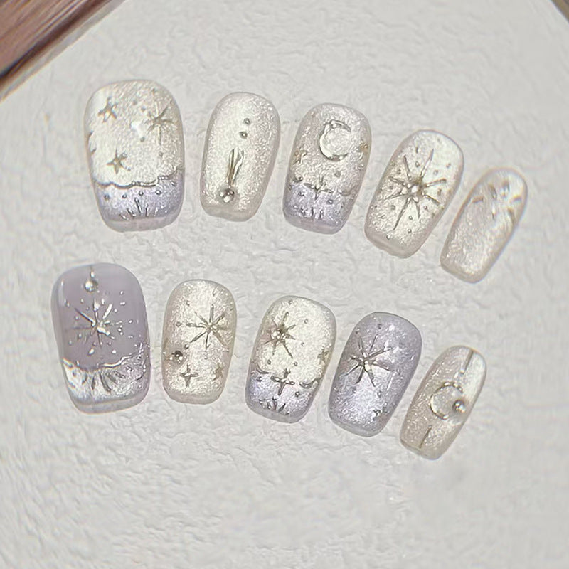 Celestial Charm Medium Square Silver Starry Night Press On Nail Set