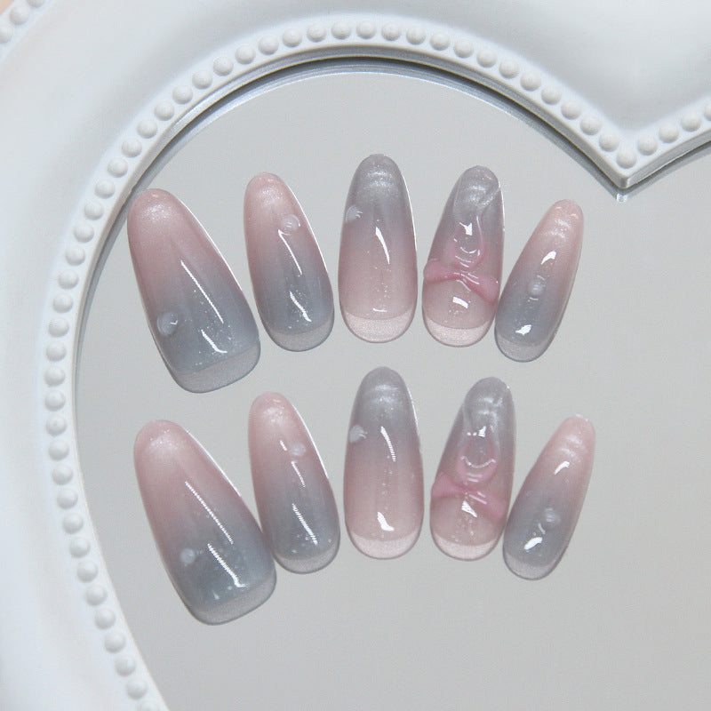 Whimsical Dream Medium Almond Pink Ombre with Charming Bow Accent Press-On Nail Set