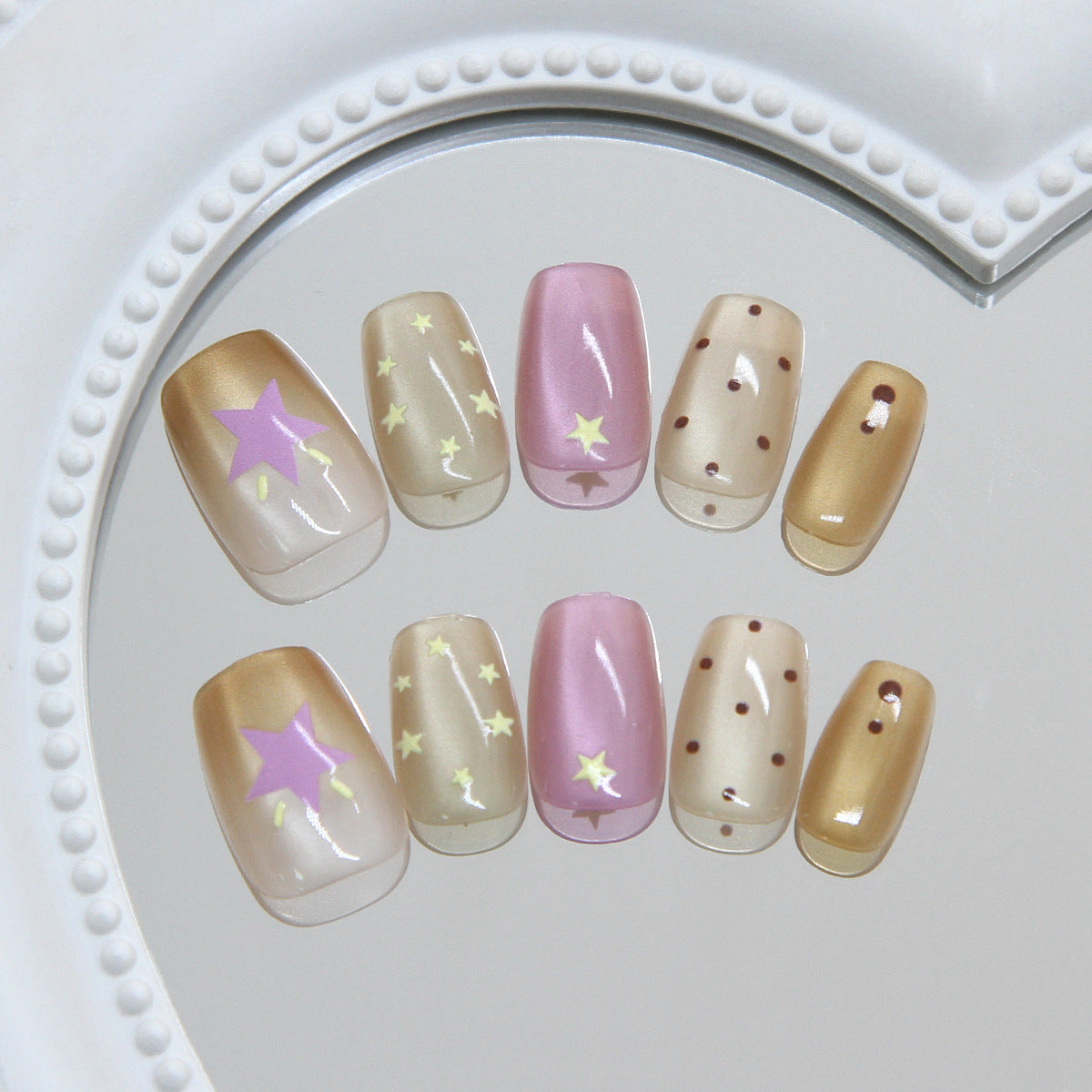 Twinkling Starry Nights Medium Square Pink and Gold Press On Nail Set with Dazzling Star Accents