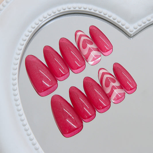 Charming Love Theme Long Almond Pink Nail Set with Glittery Heart Design
