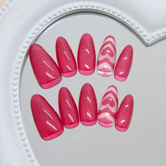 Romantic Charm Medium Almond Pink Glitter Press On Nail Set with Heart Design