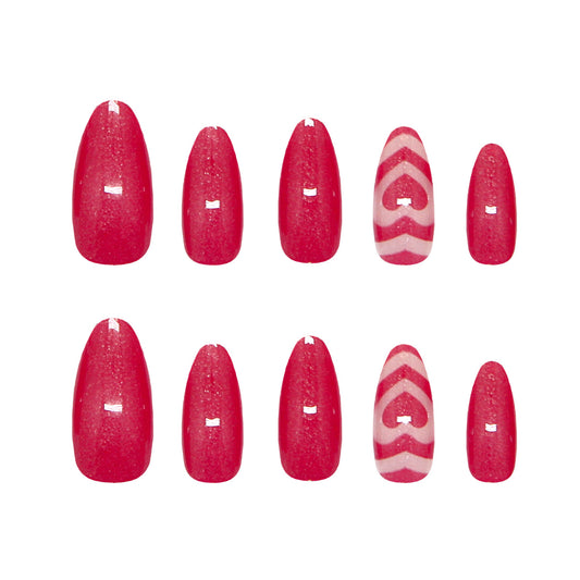 Sweetheart Glamour Long Almond Red Nails with Unique Heart Design