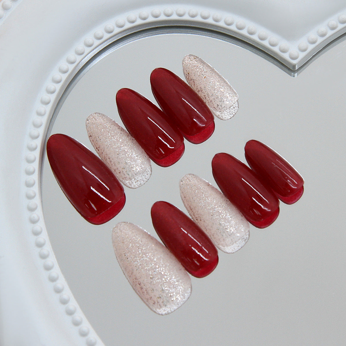 Romantic Elegance Long Almond Red with Glitter Accents Press On Nail Set