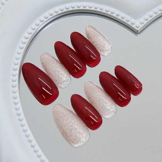 Romantic Elegance Long Almond Red with Glitter Accents Press On Nail Set