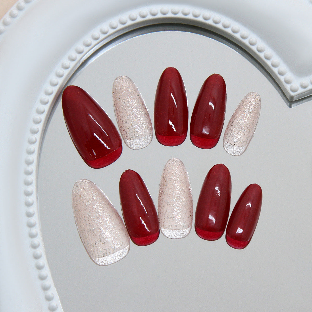 Glamorous Red Elegance Long Almond Shimmer and Gloss Nail Set
