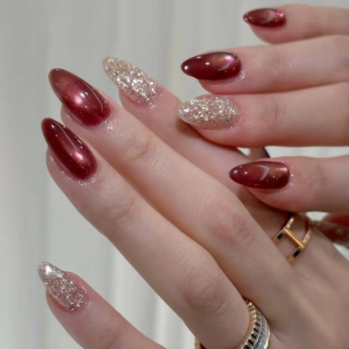 Glamorous Fall Vibes Long Almond Red and Gold Glitter Press On Nail Set