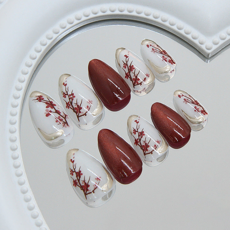 Blossoming Elegance Medium Almond Red and White Floral Design Press On Nail Set