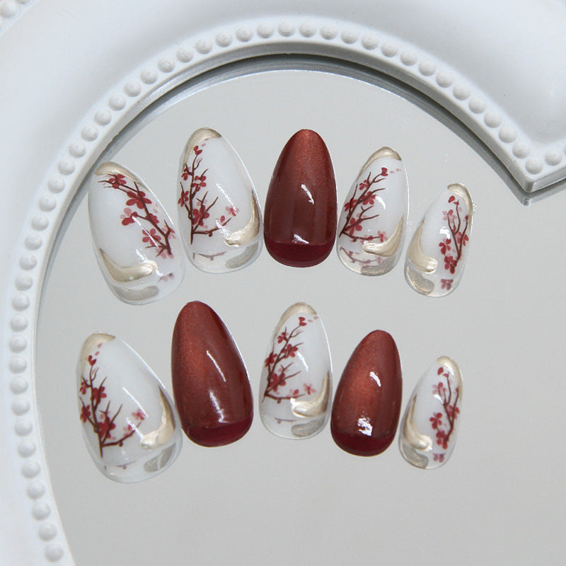 Blossoming Elegance Medium Almond Deep Red with Floral Design Press-On Nail Set