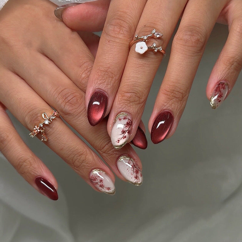 Autumn Elegance Medium Almond Burgundy Ombre Nail Set with Floral Accents
