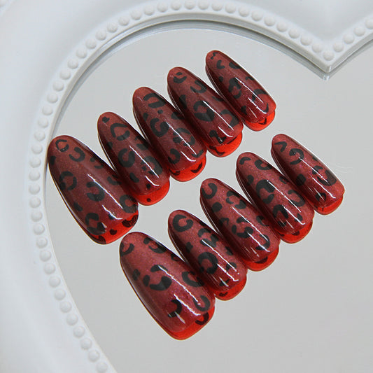 Wild Desert Chic Long Almond Red Leopard Print Press-On Nail Set