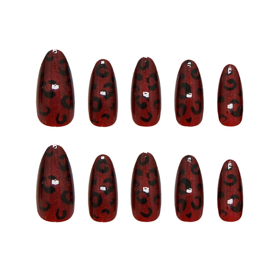 Wild Safari Medium Almond Red with Black Leopard Print Nail Set