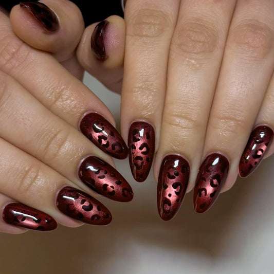 Wild Elegance Long Almond Burgundy with Unique Leopard Print Design Press-On Nail Set