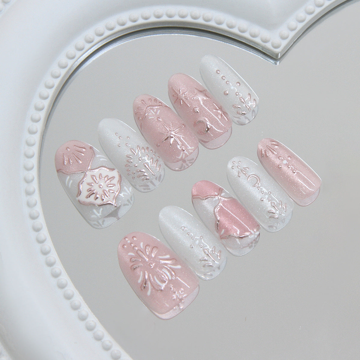 Elegant Garden Dream Long Almond Pink Floral Embellishments Press On Nail Set