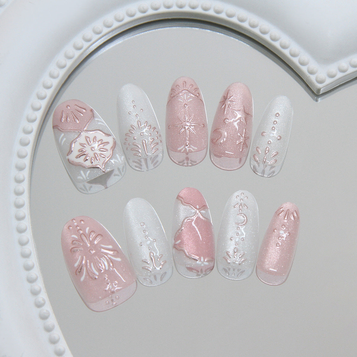 Elegant Floral Design Long Almond Pink and White Press On Nail Set with Intricate Detailing