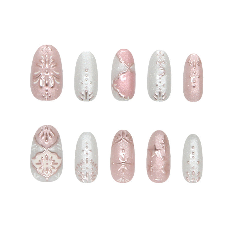 Elegant Garden Medium Oval Pink and White Textured Nail Set