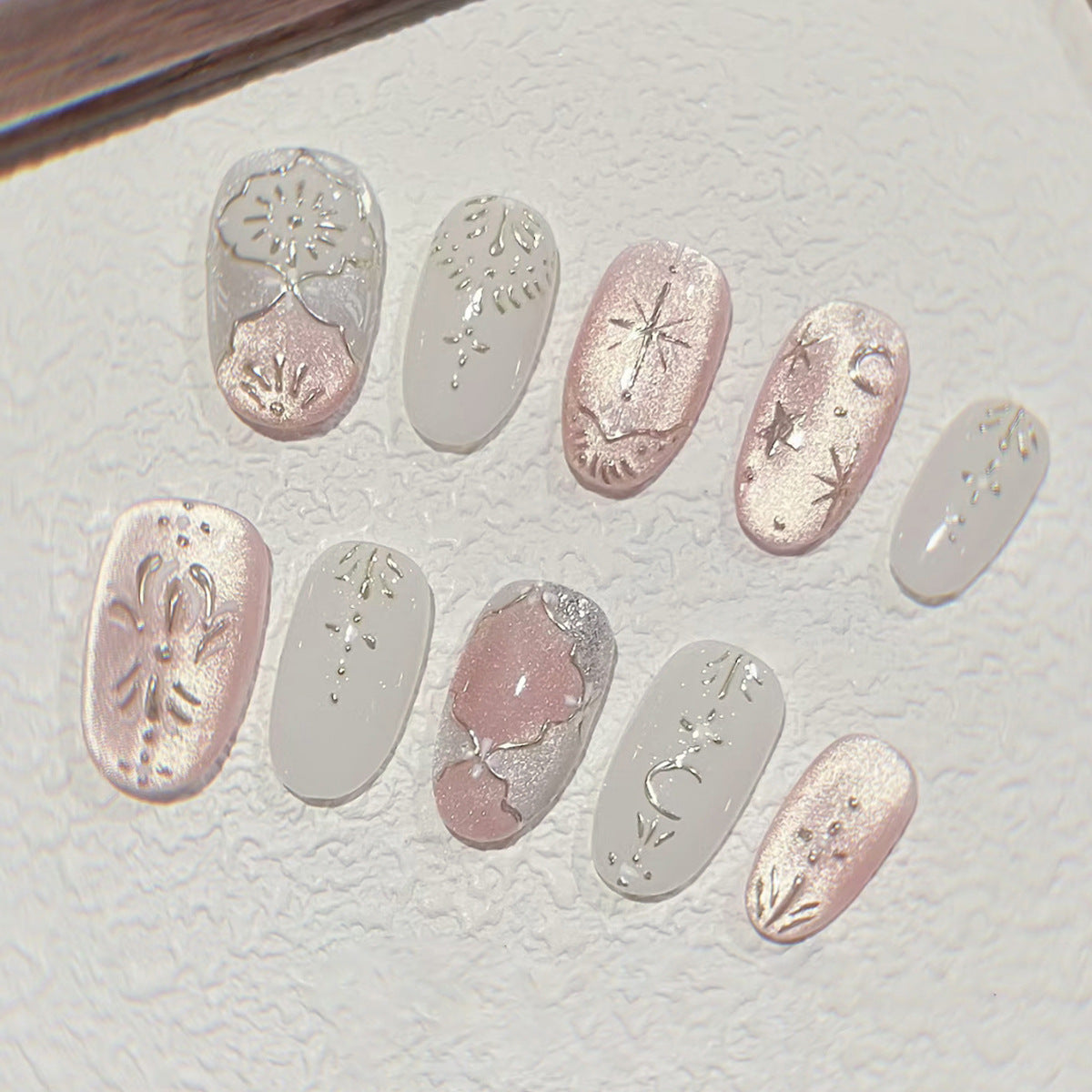 Celestial Beauty Short Oval Pink with Silver Detailing Press On Nail Set