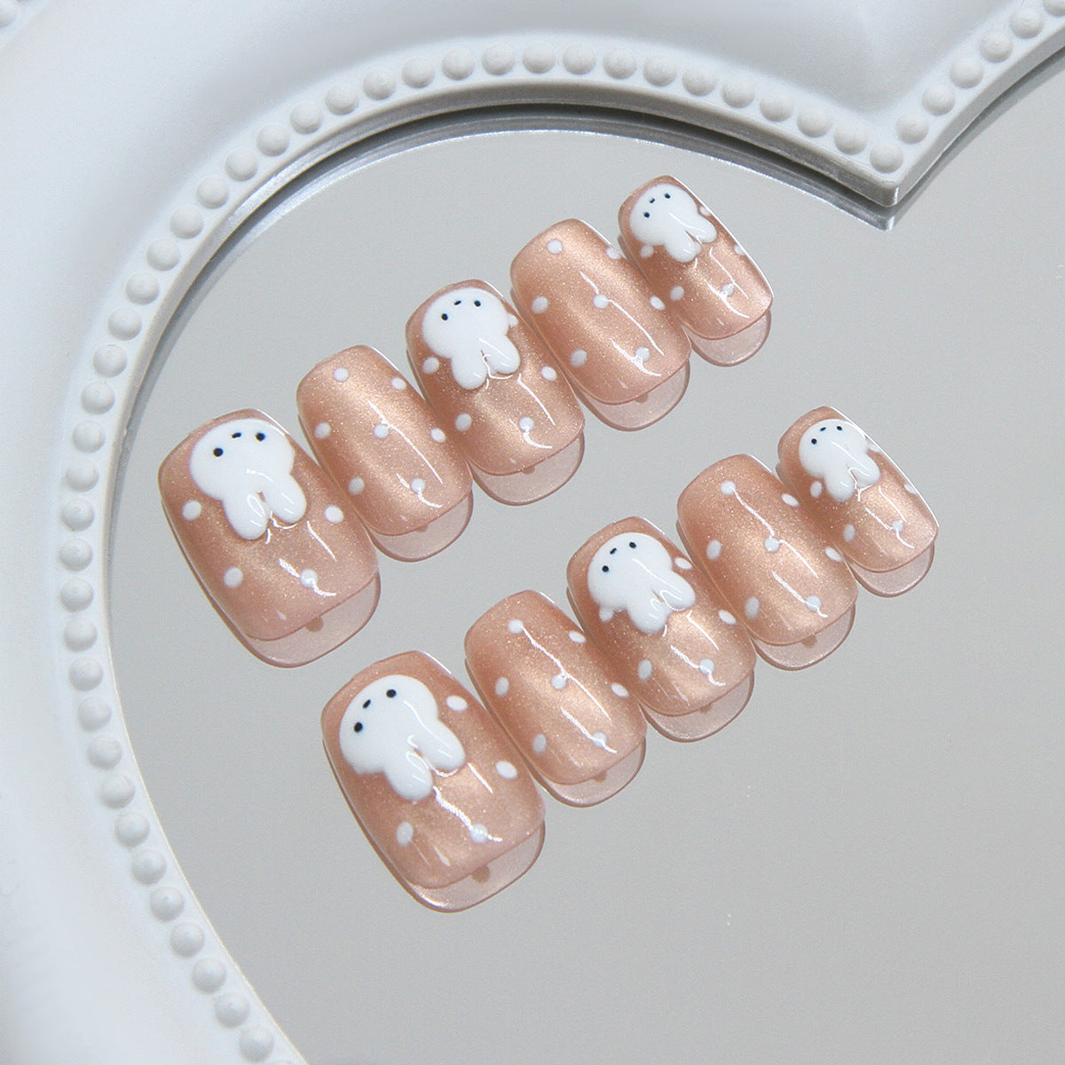 Spooktacular Short Square Beige Press On Nail Set with Cute Ghost Design