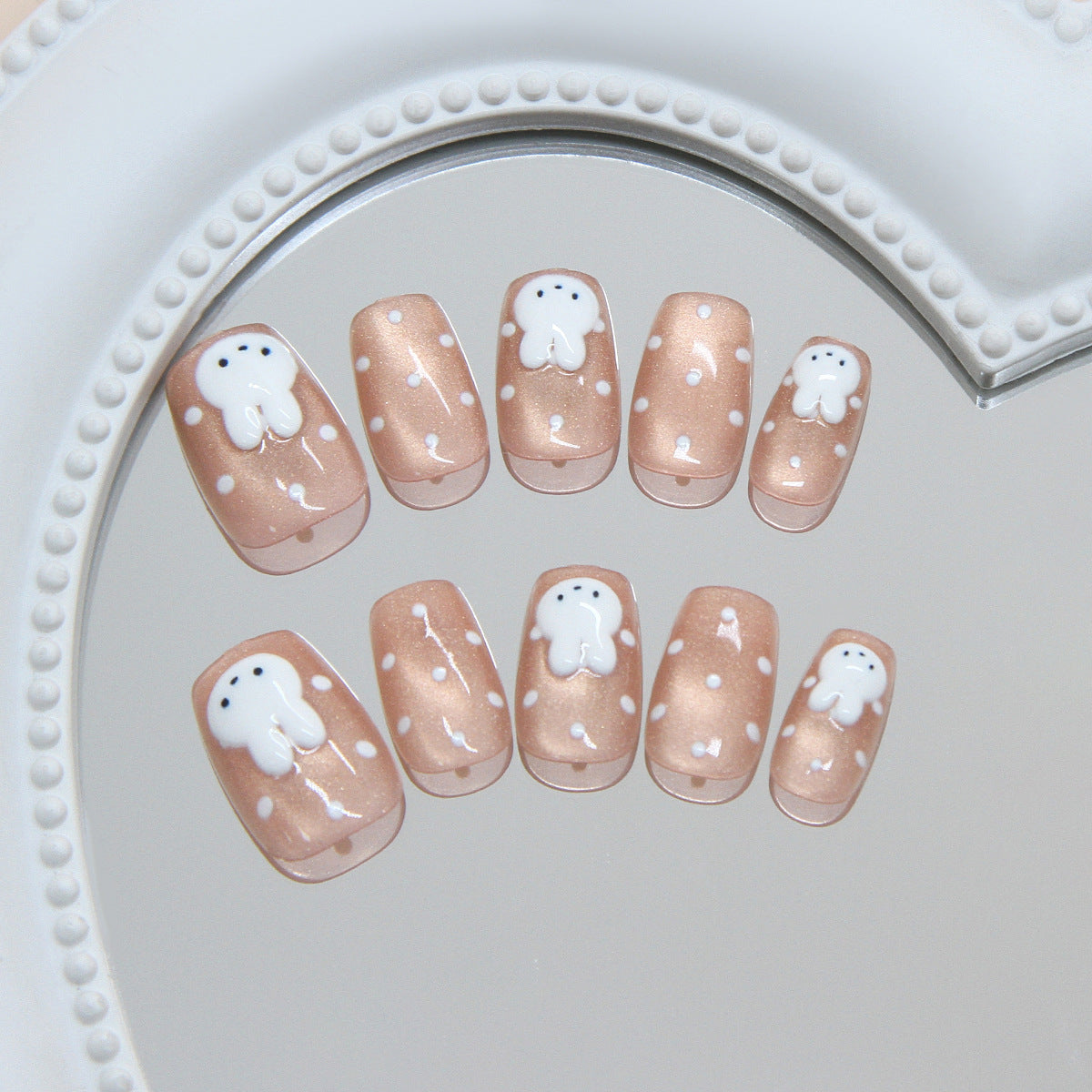 Whimsical Ghost Design Short Square Beige Nail Set with Adorable Character Accents