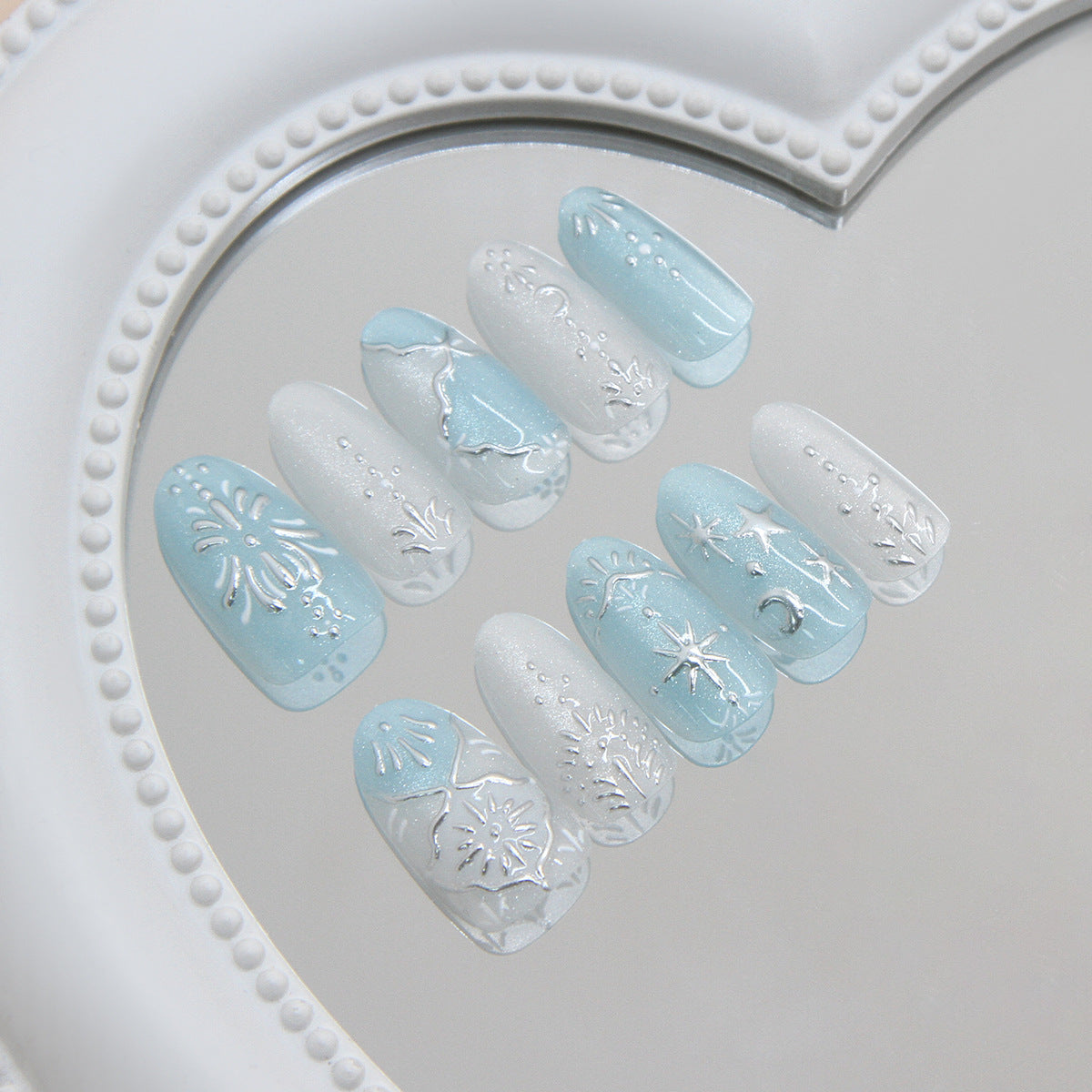 Dreamy Ocean Vibes Medium Oval Baby Blue Press On Nail Set with Elegant Floral Embellishments