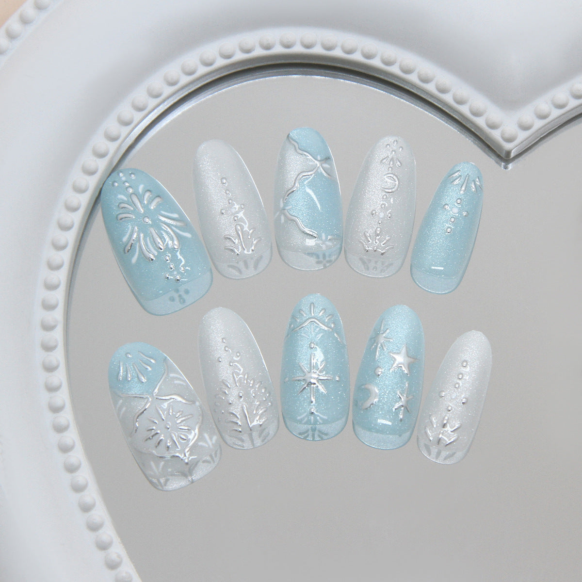 Dreamy Ocean Paradise Medium Almond Blue Glitter Design Press On Nail Set