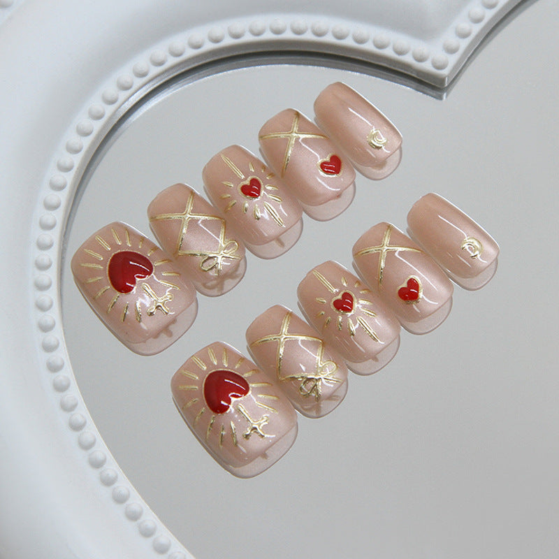 Romantic Heart Inspired Short Square Beige Nail Set with Gold Accents