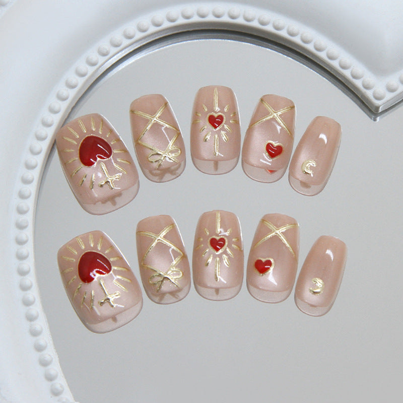 Romantic Sunset Short Square Red Heart Accented Press On Nail Set