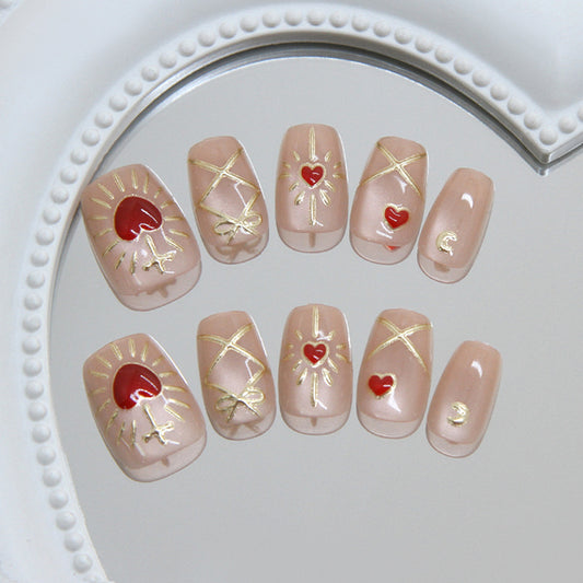 Romantic Sunset Short Square Red Heart Accented Press On Nail Set