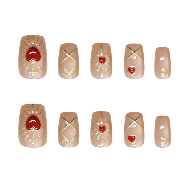 Love Inspired Short Square Beige Nail Set with Heart and Gold Accents