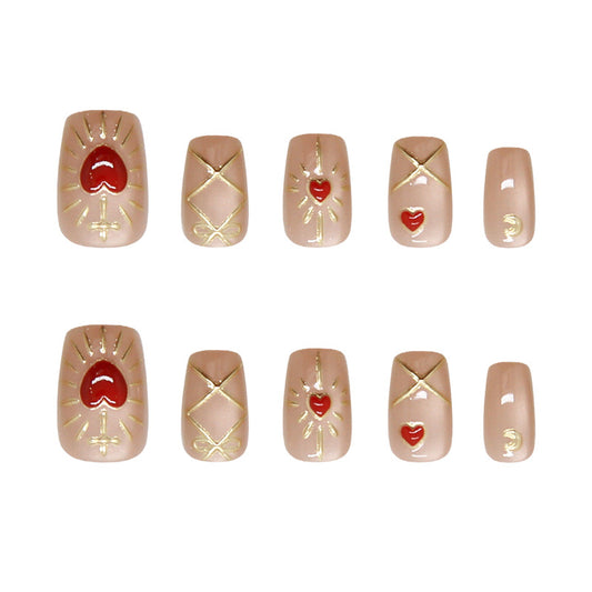 Love Inspired Short Square Beige Nail Set with Heart and Gold Accents