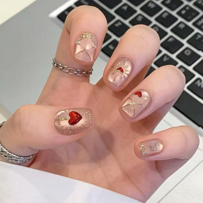 Romantic Elegance Short Square Pink with Heart and Gold Accents Press-On Nail Set