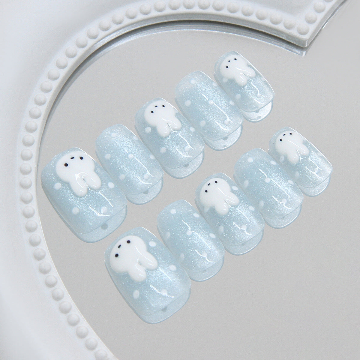 Dreamy Ice Blue Short Square Press On Nail Set with Adorable Ghost Design