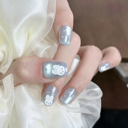 Charming Bunny Dream Short Square Frosted Blue Press On Nail Set with Cute Characters