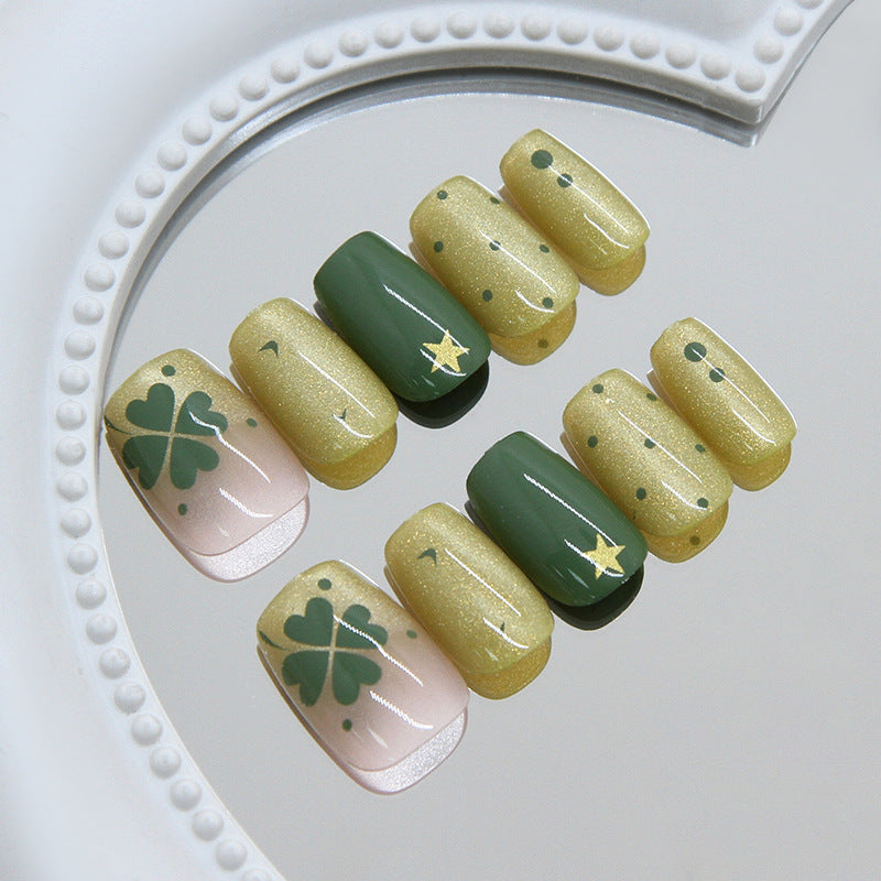 Lucky Charm Medium Square Green with Glitter and Emerald Accents Nail Set