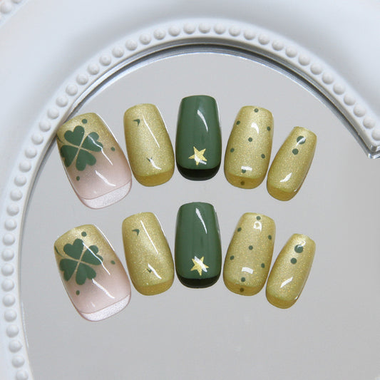 Green Glamour Short Square Shimmering St. Patrick's Day Press On Nail Set