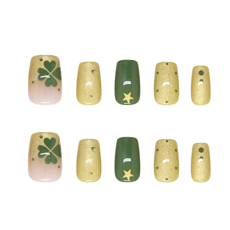 Lucky Shamrock Short Square Green and Gold Glitter Nail Set