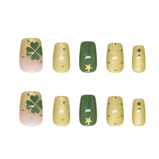 Lucky Shamrock Short Square Green and Gold Glitter Nail Set