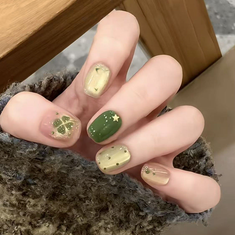 Whimsical Forest Inspired Short Square Green with Glittery Accents Press on Nail Set