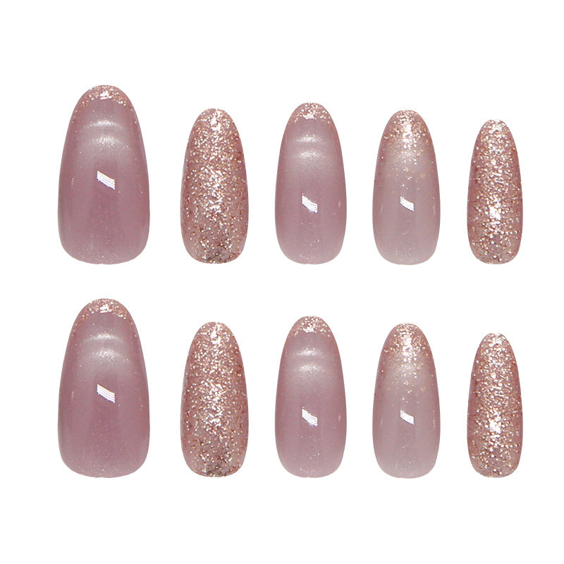Glamorous Shimmering Long Almond Pink Press on Nail Set with Glitter Finish