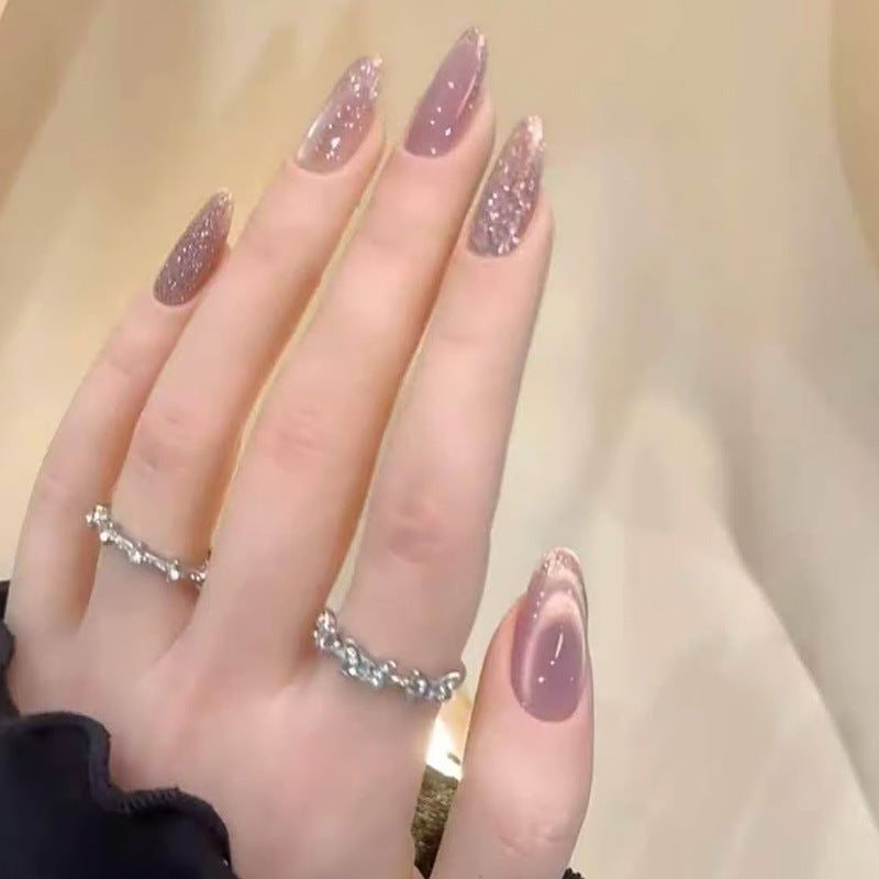 Glamorous Elegance Medium Almond Purple Glitter Press On Nail Set
