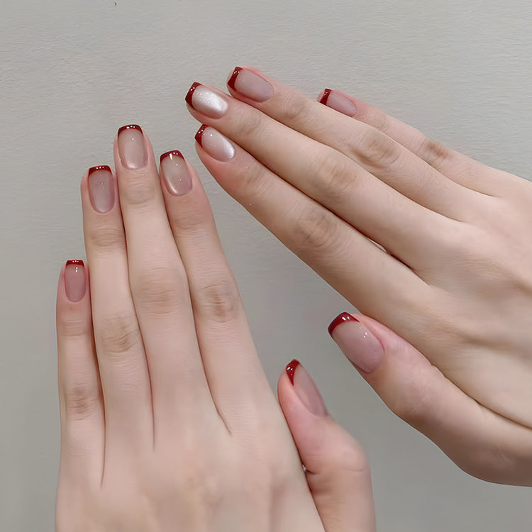 Elegant Romance Medium Square Gradient Beige and Red Tips with Shimmering Accent Press-On Nail Set