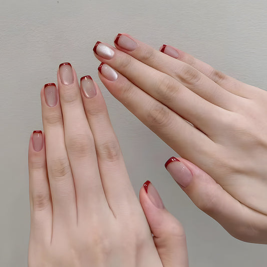 Elegant Romance Medium Square Gradient Beige and Red Tips with Shimmering Accent Press-On Nail Set