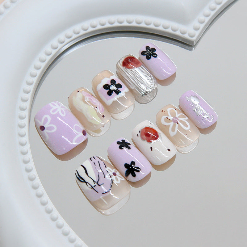 Floral Delight Short Square Lavender Nail Set with Artistic Design