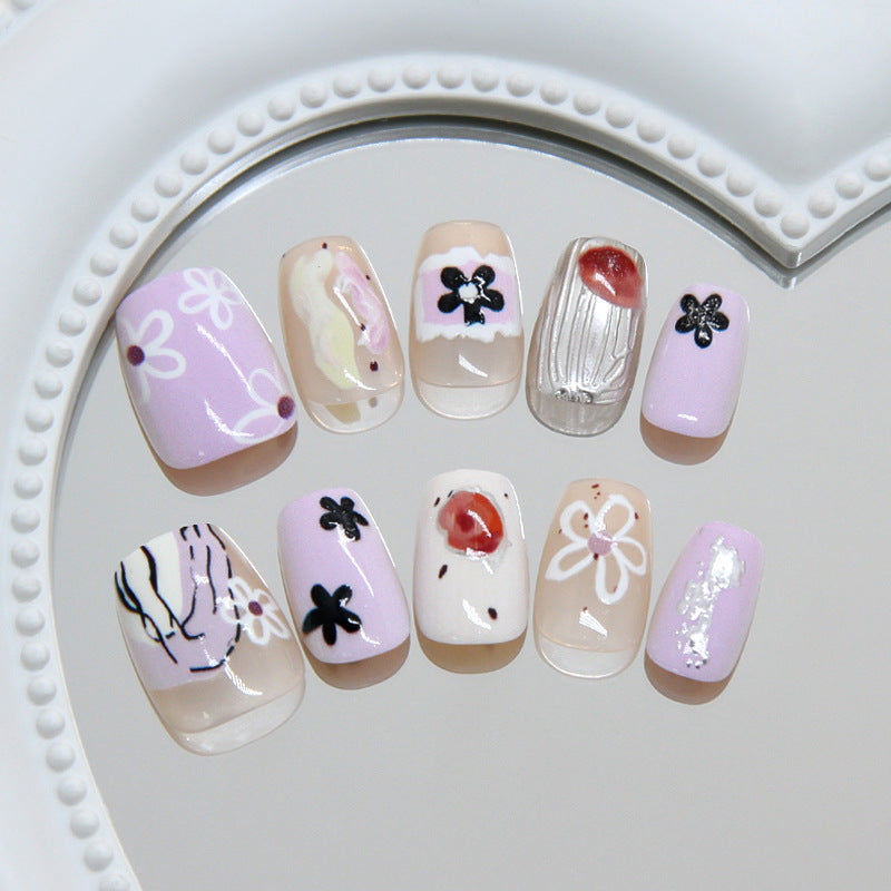 Whimsical Floral Short Square Lavender Nail Set with Unique Hand-Painted Details