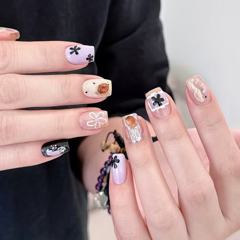 Blossom Dreams Short Square Purple Floral Press On Nail Set with Crystal Accents