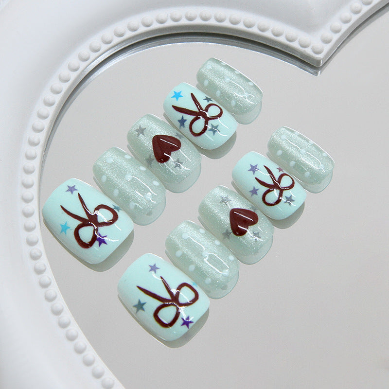 Crafty Chic Short Square Mint Green with Scissor and Heart Design Nail Set