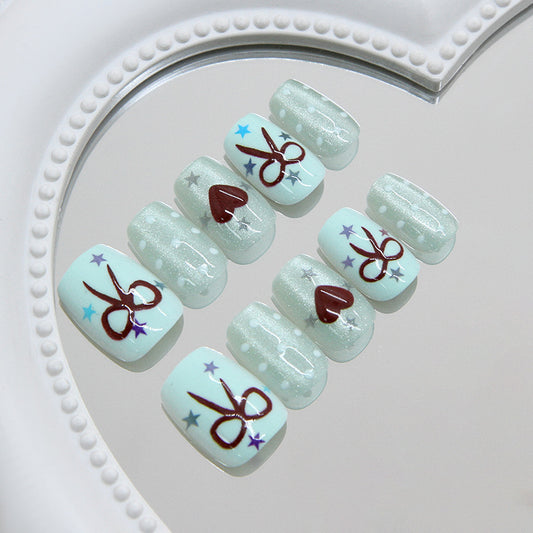 Crafty Chic Short Square Mint Green with Scissor and Heart Design Nail Set