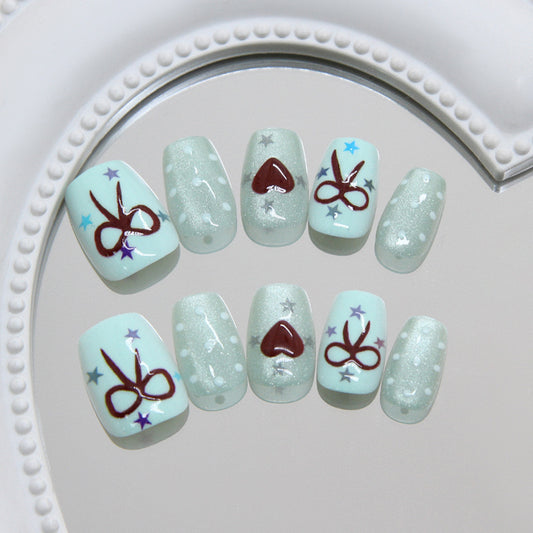 Scissors and Stars Short Square Mint Green Press On Nail Set with Glittery Accents
